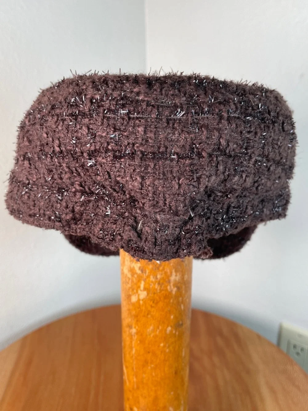 Y2K Brown Sparkly Tweed Knit Cap Hat Short Brim Floral Lined Hip Hop Streetwear